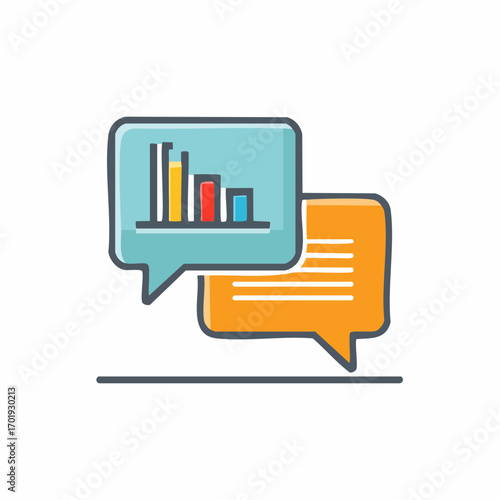 Business data analysis and communication icon with speech bubbles and a bar chart
