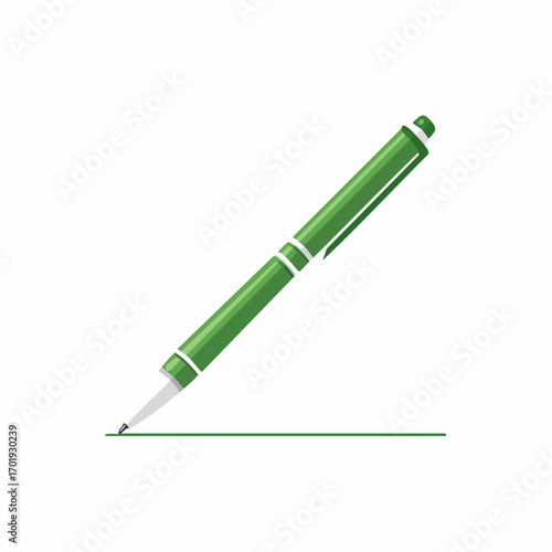 Green ballpoint pen drawing a straight line isolated vector illustration