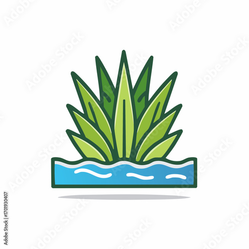 Stylized agave plant icon growing from blue water with green leaves and dark outline