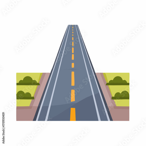 Cartoon illustration of an asphalt road stretching into the distance with shrubbery, ideal for travel or mapping concepts