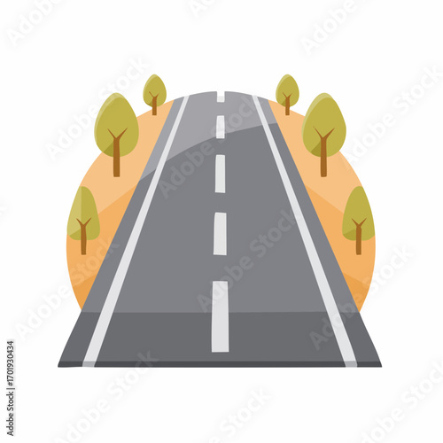 Abstract illustration of a straight asphalt road receding into the distance lined with stylized trees