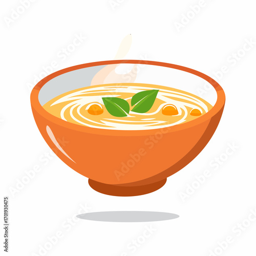 Steaming bowl of creamy soup with fresh green herbs and swirls