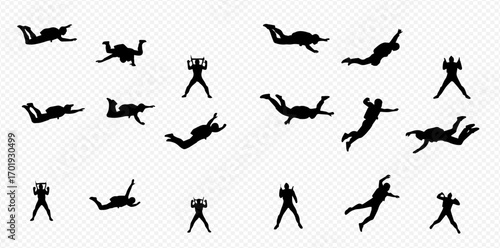 A collection of black silhouettes depicting skydivers in different dynamic freefall and pre-jump poses.