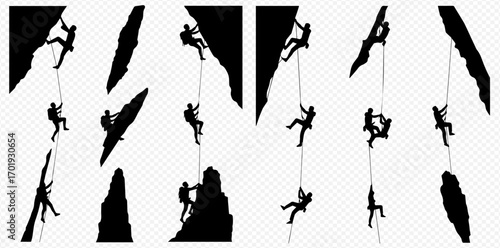 Silhouettes of rock climbers and mountaineers ascending and rappelling on various steep rock faces.