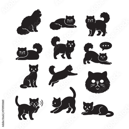 A collection of cute cat and kitten silhouettes, including black cats, in a vector illustration set