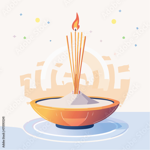 Burning Incense Sticks in an Orange Bowl on a Blue Surface with a Light Beige Background