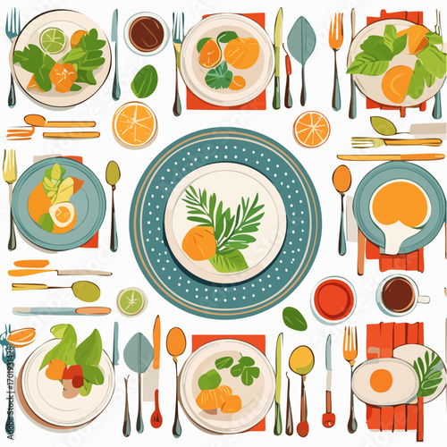 Top View Flat Lay Citrus Themed Dinner Table Setting With Vibrant Orange And Green Accents
