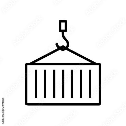 Industrial crane lifting cargo container in minimal line art style  