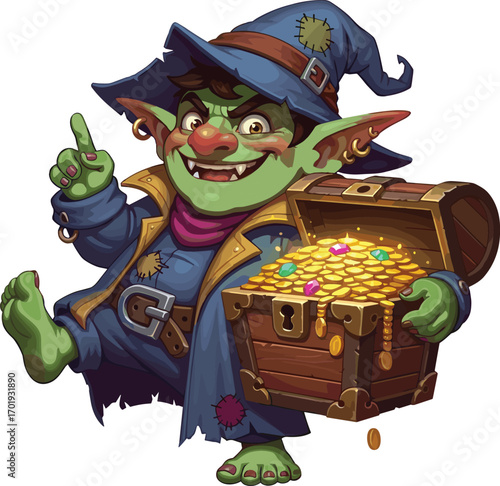 Cheerful Goblin Wizard Holding Treasure Chest Full of Gold Coins