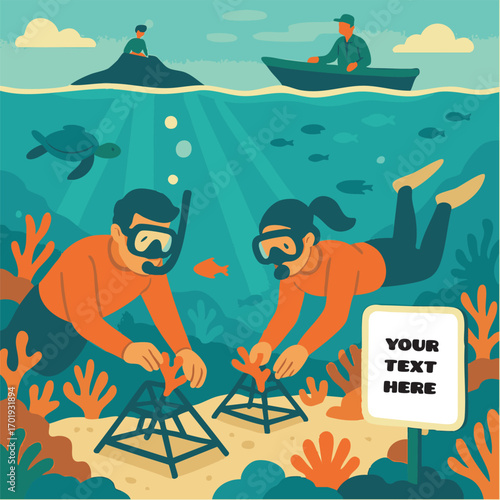 Eco-volunteers working together on a coral reef restoration project, an illustration of marine conservation
