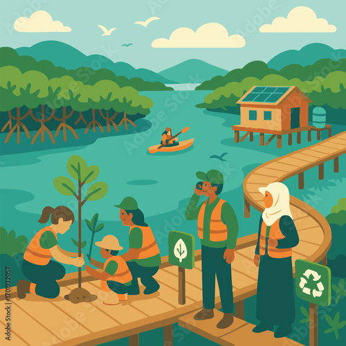 Diverse community volunteers planting mangrove saplings for a coastal reforestation project, promoting conservation and ecotourism