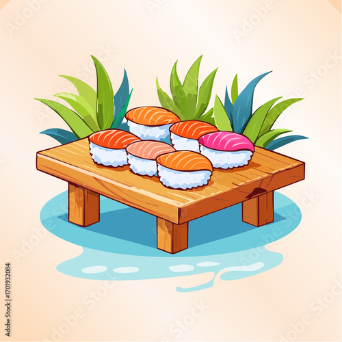 Pixel Art Sushi on Wooden Table with Tropical Plants