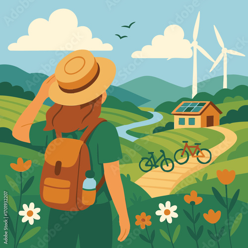 Female backpacker admiring an idyllic green landscape featuring an eco-friendly house with solar panels and wind turbines