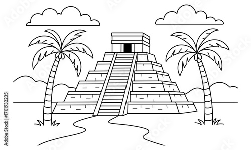 Ancient pyramid coloring page featuring step pyramid and palms for educational and creative activities