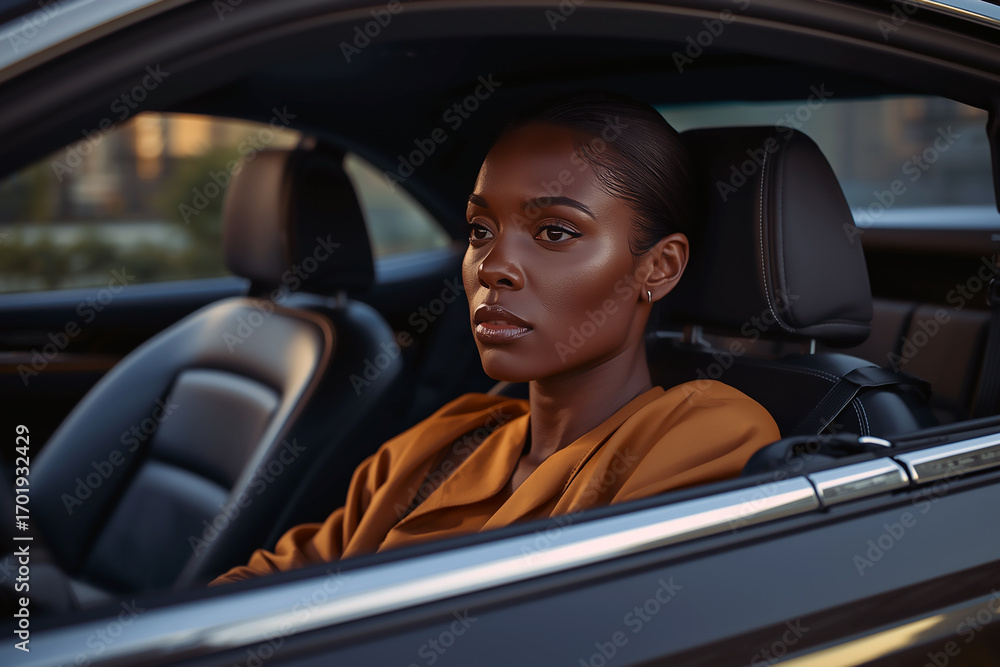 Obraz premium Young black woman with short hair driving a car