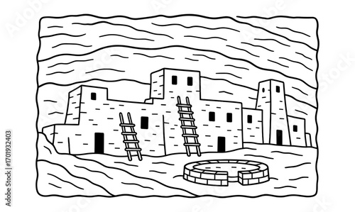 Ancient cliff dwelling outline for educational and historical design projects