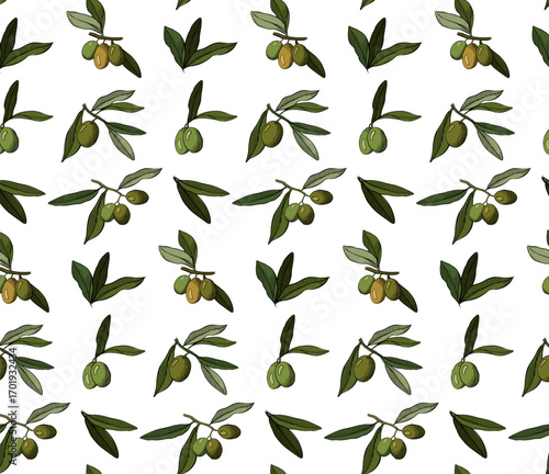 Seamless pattern with olives Branch. Berry and leaves on branch. Vector graphic line ink colored illustration. for natural organic cosmetics, soap, oil, wallpaper, textile, wrapping, scrapbooking