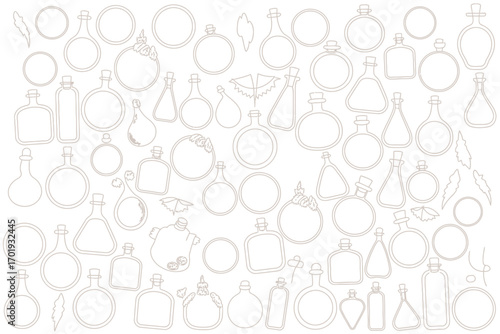 Outlines of various potion bottles and halloween themed objects arranged on a white background surface