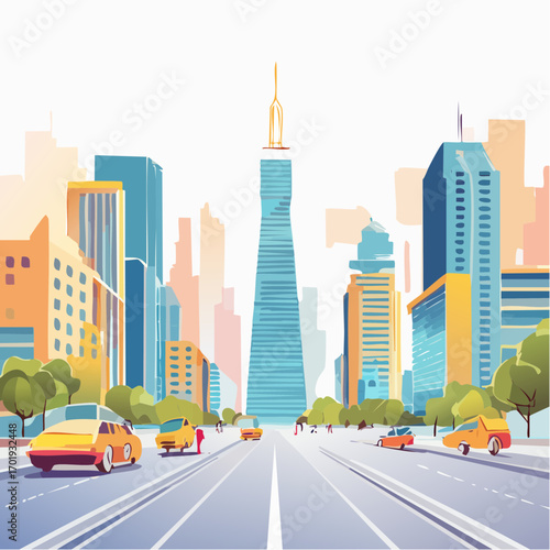 Modern Cityscape with Skyscrapers and Traffic on Wide Avenue