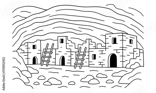 Ancient cliff dwelling outline for historical education and cultural design projects