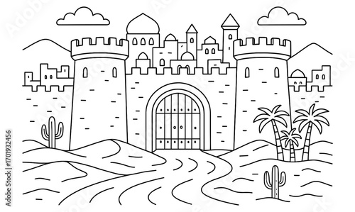 Illustration of a desert city gate with towers and domed rooftops for design use