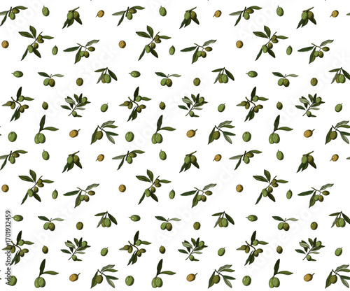 Olive berries and branch seamless pattern. Vector graphic line ink colored illustration. fruit, leaves. Vintage decorative print. background for banners, print for fabric, labels, t-shirt printing