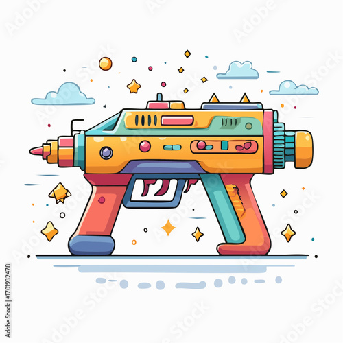 Colorful Cartoon Ray Gun With Clouds and Stars