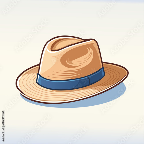 Beige Straw Fedora with Blue Band on Light Background