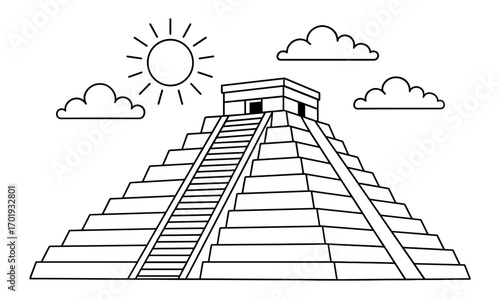 Ancient pyramid coloring page featuring simplistic outline design with sun and clouds for creative art activities