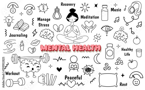 self care and mental health lifestyle doodle icon set