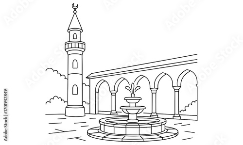 Simple architectural composition of minaret and fountain for design projects