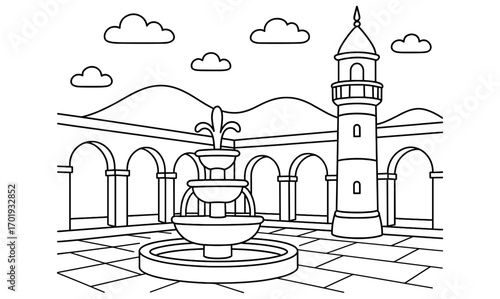 Simple composition of minaret and fountain in courtyard with archways