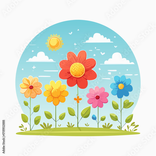Pixel Art Colorful Flowers Under Blue Sky and Sun