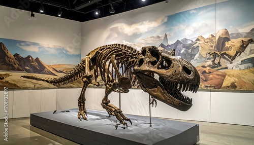 A museum exhibit displays a magnificent Tyrannosaurus Rex skeleton, set against a backdrop of prehistoric landscapes.