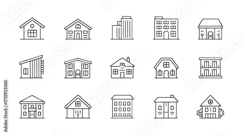 Collection of line icons depicting various house styles including bungalows apartments and mansions representing real estate architecture and home design