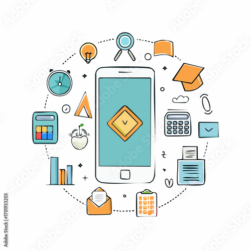Mobile Phone Surrounded By Educational And Business Icons On White Background