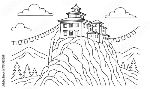 Cliffside temple outline design for tranquil nature scenery and meditation-themed art