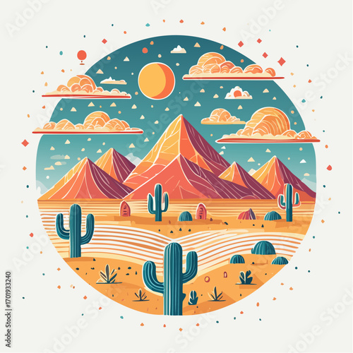 Pixel Art Desert Landscape with Cacti and Mountains