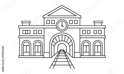 Simplistic line drawing of grand railway station for architectural design and illustration