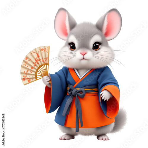 Cute Chinchilla in Kimono Holding a Traditional Fan.