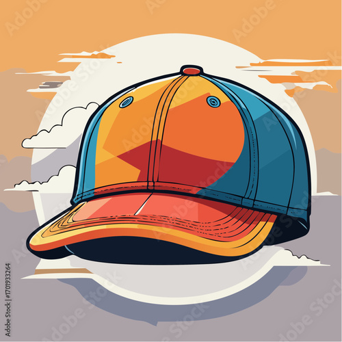 Pixel Art Baseball Cap Against a Sunset Sky