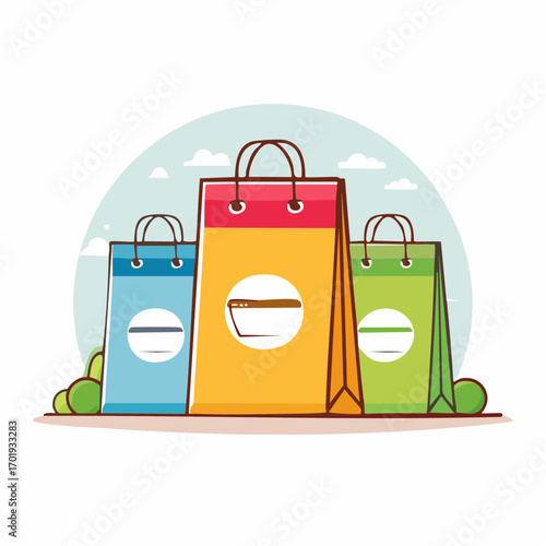 Three Colorful Shopping Bags with Line Art Style on a Light Blue Background