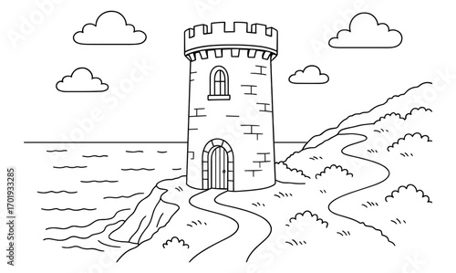 Seaside tower coloring page for kids with simple design and coastal scenery
