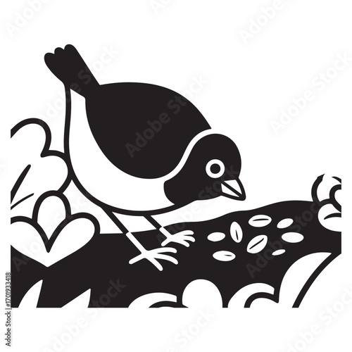  Little Garden Bird Feeding on Seeds with Simplified Shapes silhouette.