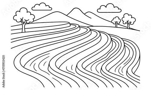 Rice terrace landscape outline with nature scenery - ideal for coloring and art projects