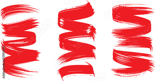 Dynamic set of three red acrylic paint strokes with a textured brush effect. Abstract zigzag and ribbon arrow design elements isolated on white