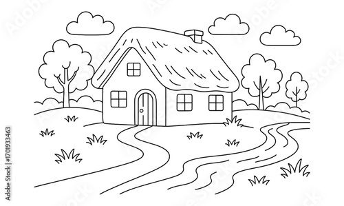 Cozy cottage scene with simple composition for relaxing and calming design