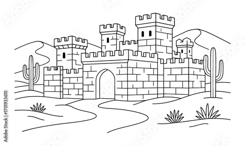 Desert fortress illustration for coloring activities and creative design