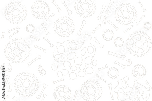 White background featuring gears bones and skull in a scattered pattern with a faded translucent look