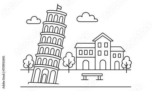 Leaning tower of pisa coloring page with simple architectural composition for kids and adults